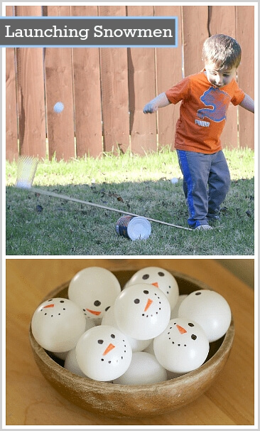 STEM game for kids with a teeter totter and snowmen balls