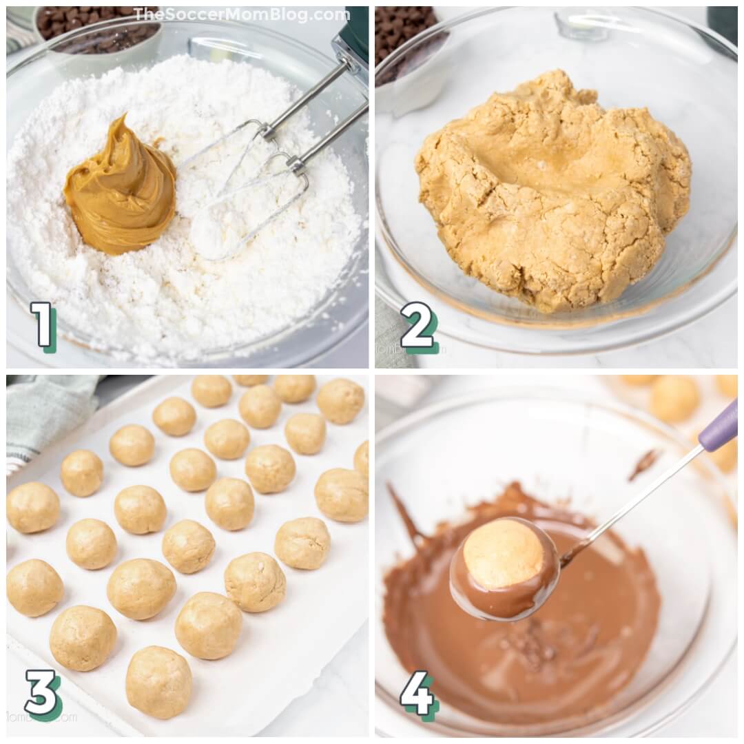 4 step photo collage showing how to make peanut butter buckeye candy.