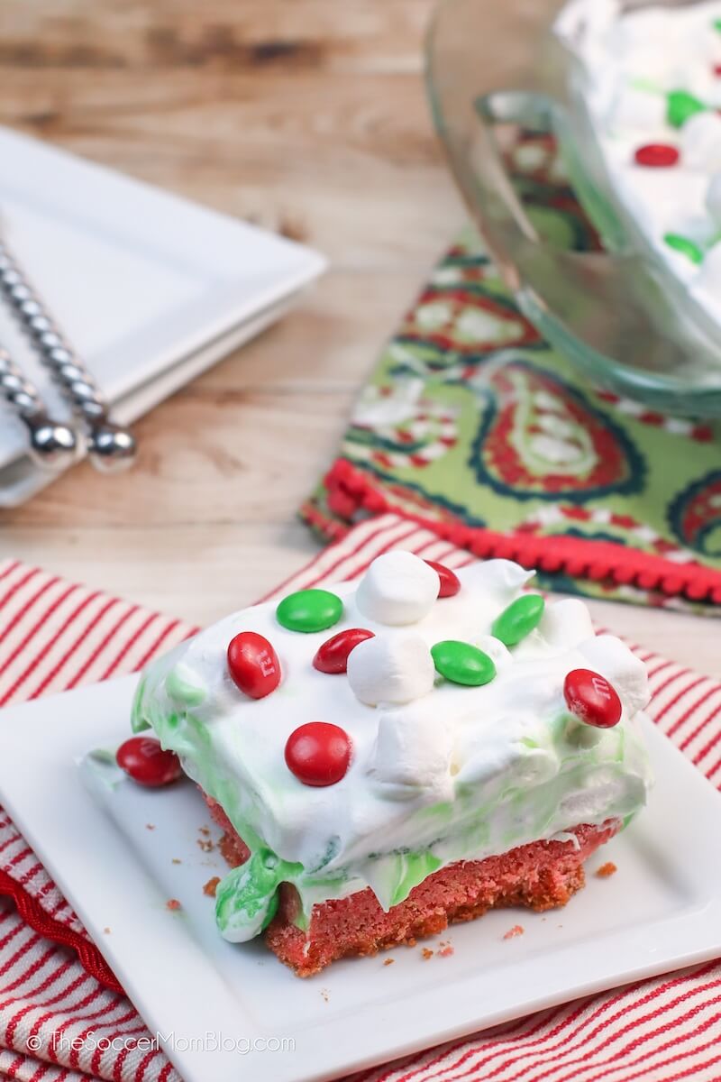 Christmas Lasagna creamy layered dessert on a decorated table