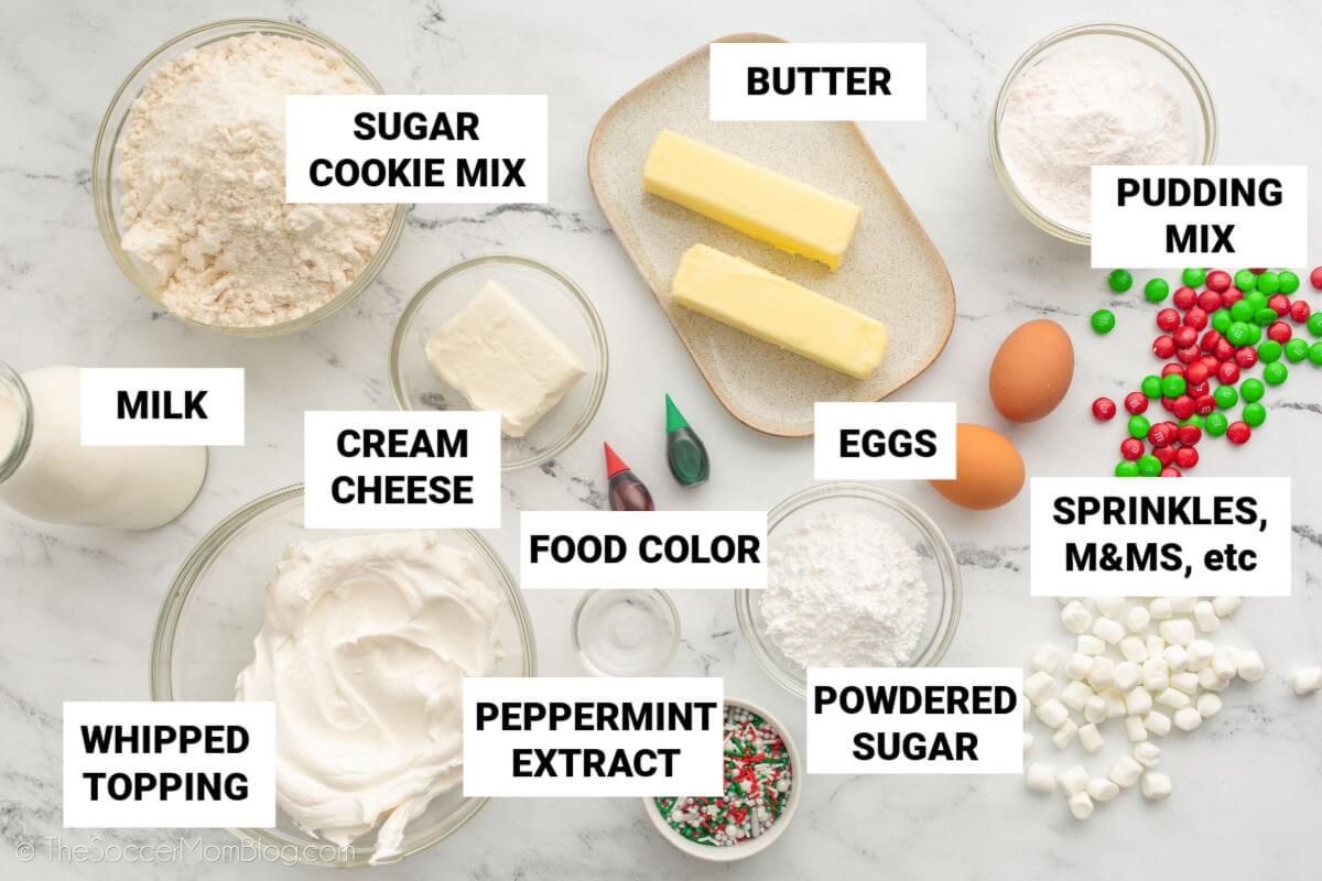 ingredients to make Christmas dessert lasagna, with text labels