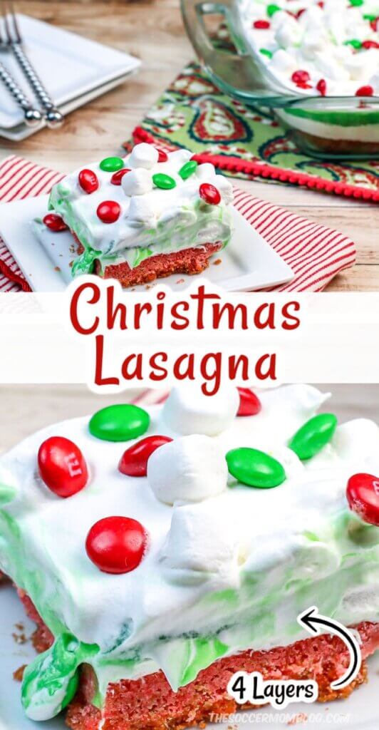 layered red white and green Christmas dessert lasagna (2 photos)
