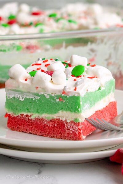 layered red white and green Christmas lasagna dessert