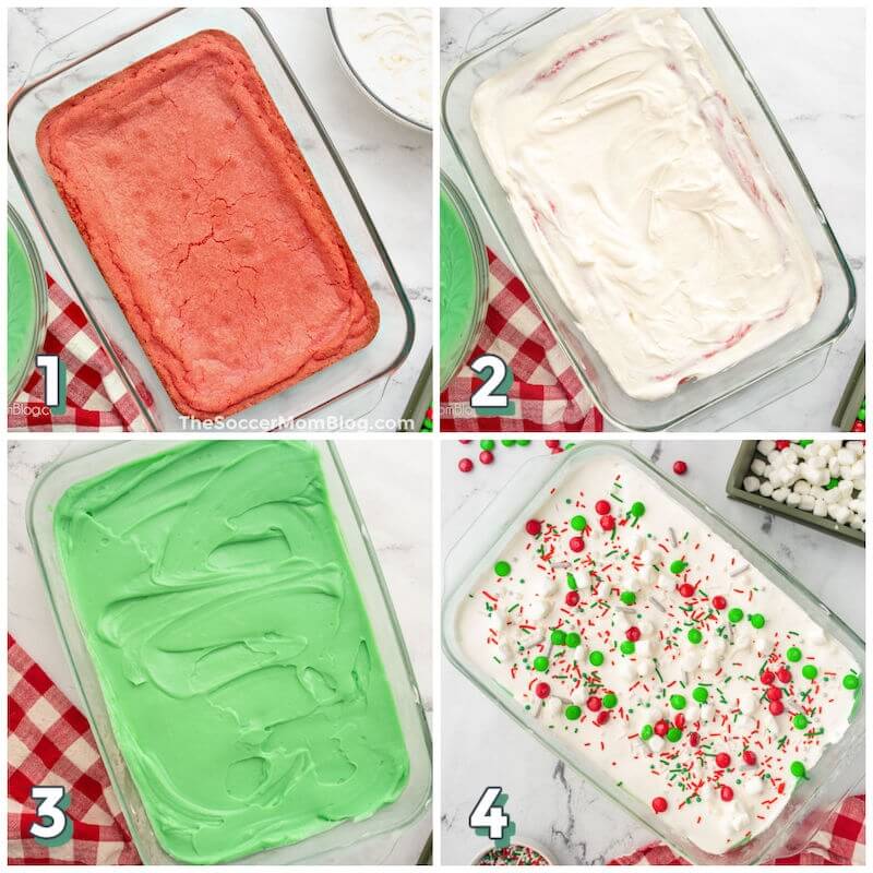 4 step photo collage showing how to make red, white and green layered Christmas dessert