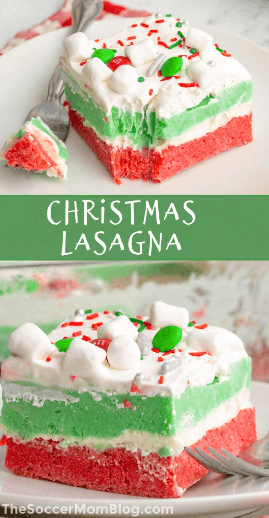 2 photo vertical collage of colorful Christmas lasagna dessert