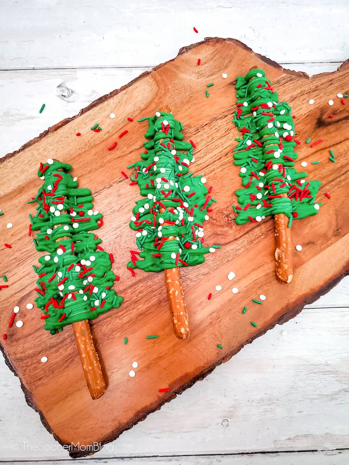 pretzels decorated like Christmas trees