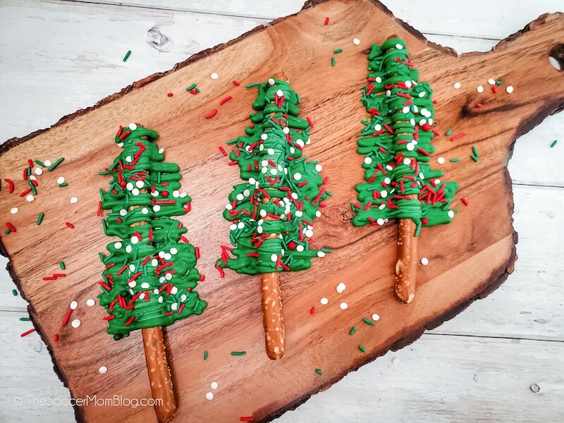 chocolate Christmas tree pretzels on cutting board