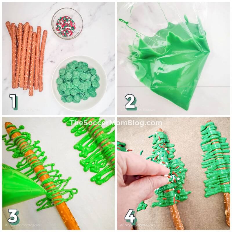 step by step photo collage showing how to make Christmas tree pretzels with green chocolate