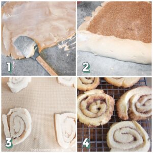4 step photo collage showing how to make cinnamon roll cookies