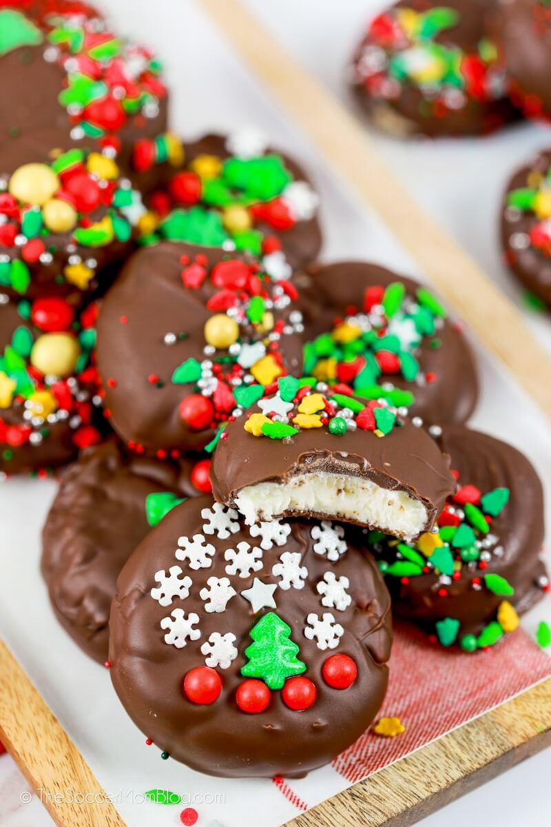 plate of homemade peppermint patty candy with holiday sprinkles