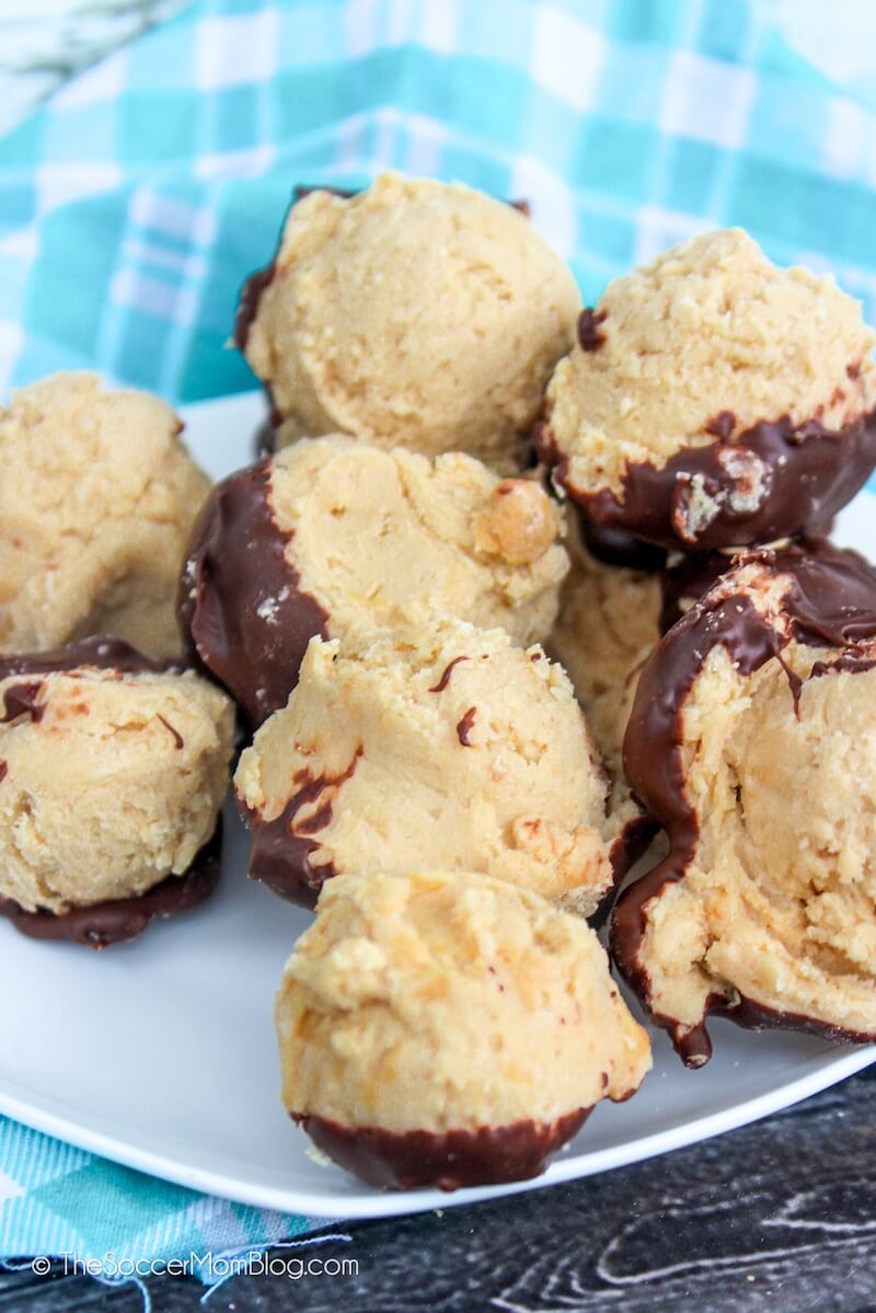 plate of chocolate coated peanut butter balls