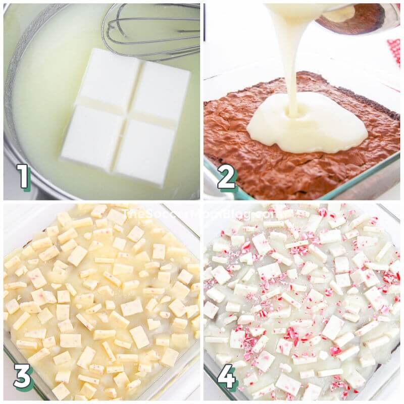 step by step photo collage showing how to make brownies with white chocolate frosting