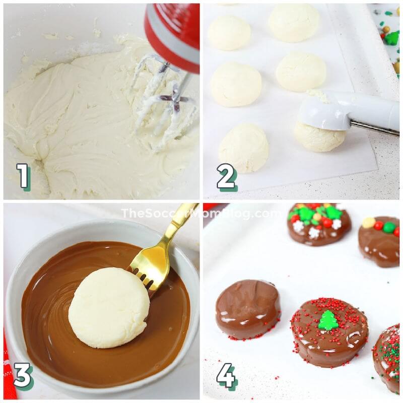 step by step 4 photo collage showing how to make chocolate covered mint patties