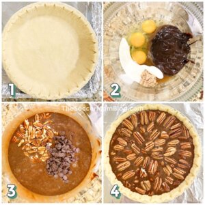 step by step photo collage showing how to make a fudge pecan pei (4 photos)