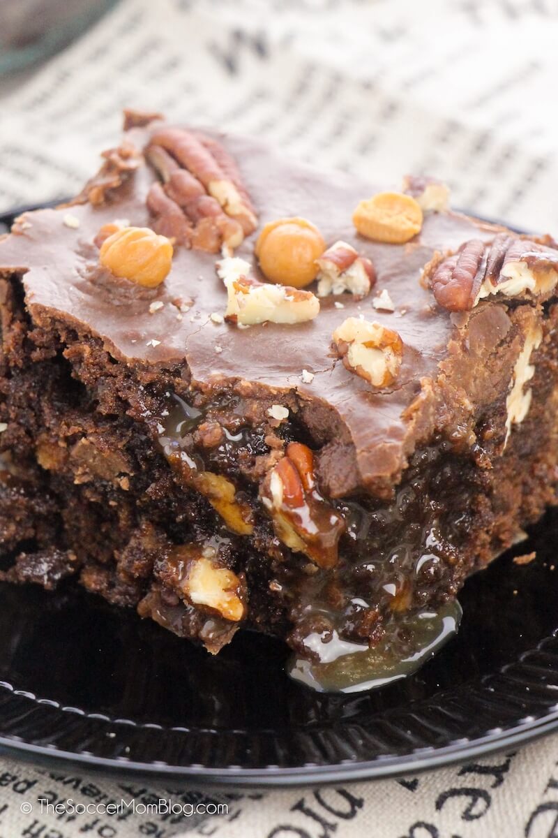 fudge brownie with caramel filling and chocolate icing, with pecans