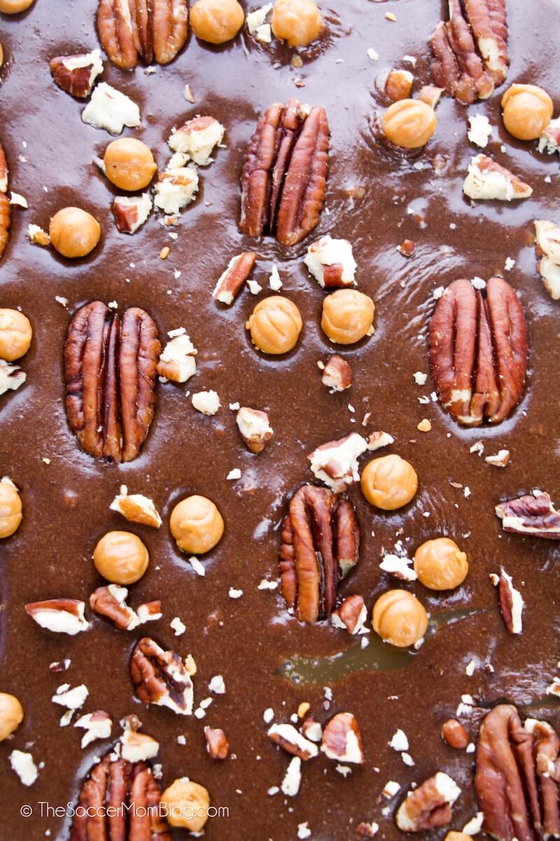 chocolate frosting on top of brownies with pecan halves and caramel bits
