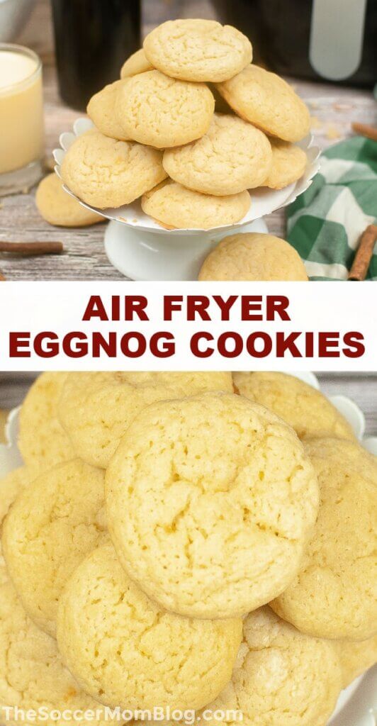 2 photo collage of air fryer eggnog cookies