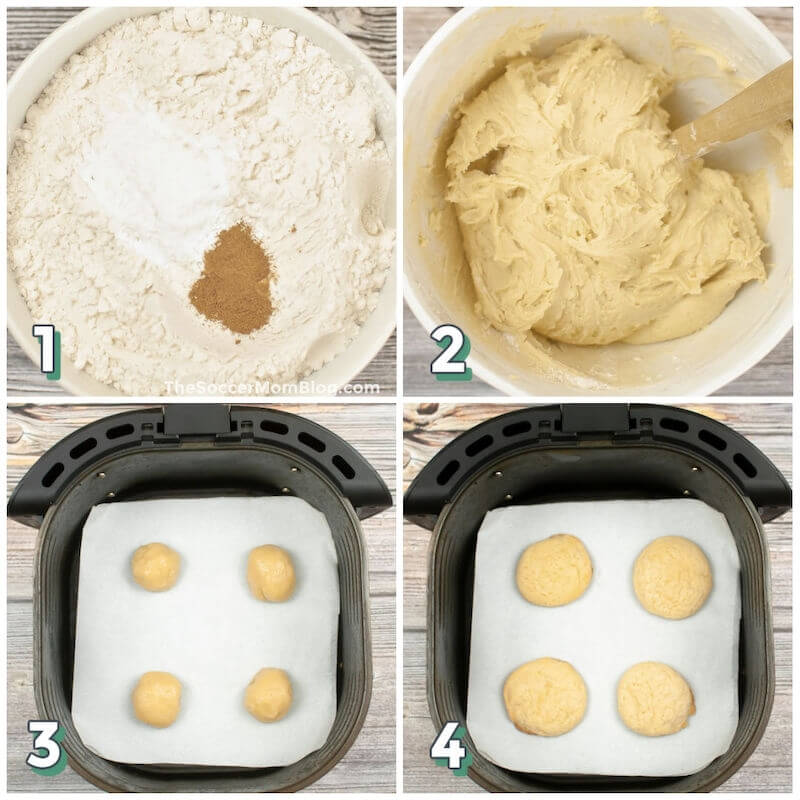 4 step photo collage showing how to make eggnog cookies in an air fryer