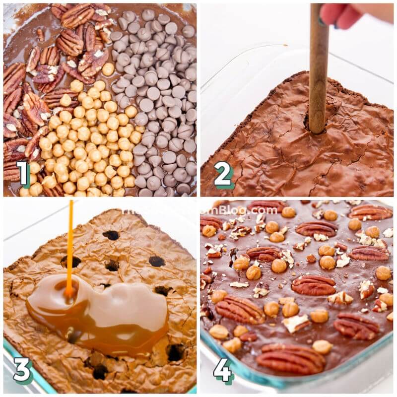 step by step photo collage showing how to fill brownies with caramel sauce by poking holes