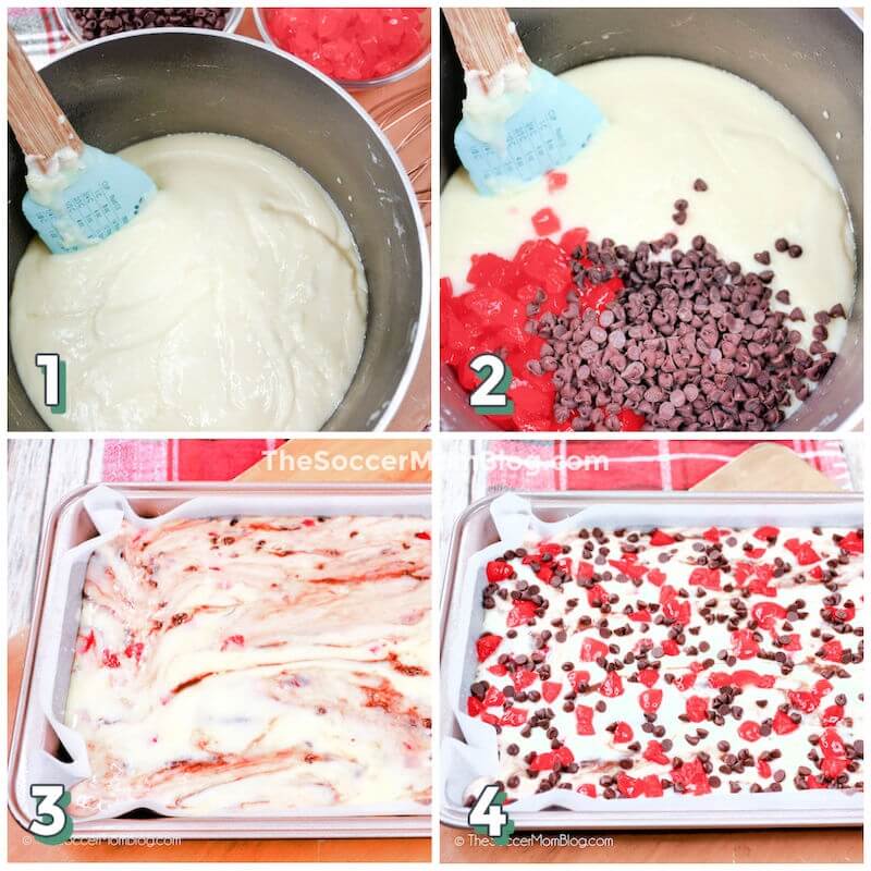 step by step photo collage showing how to make chocolate cherry fudge