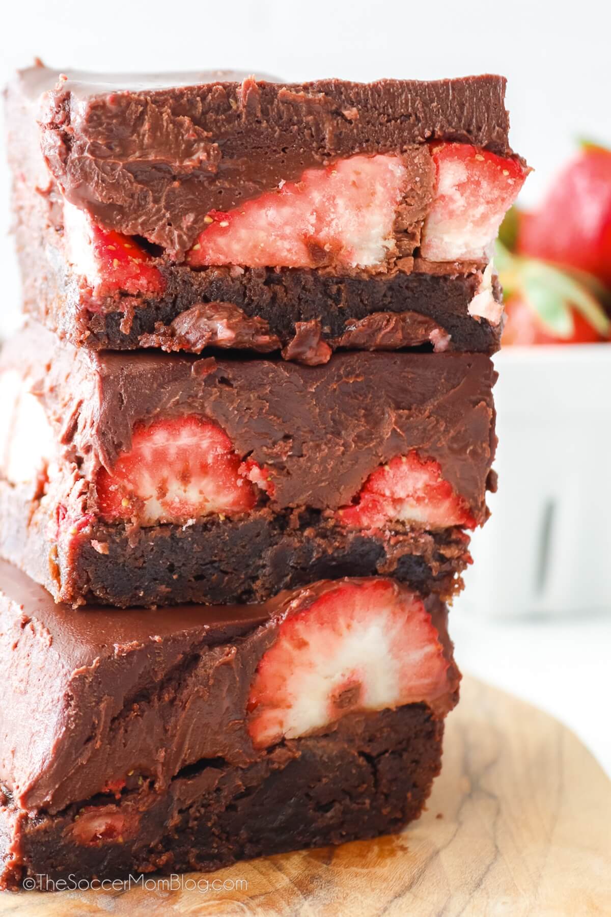 stack of 3 chocolate strawberry brownies.