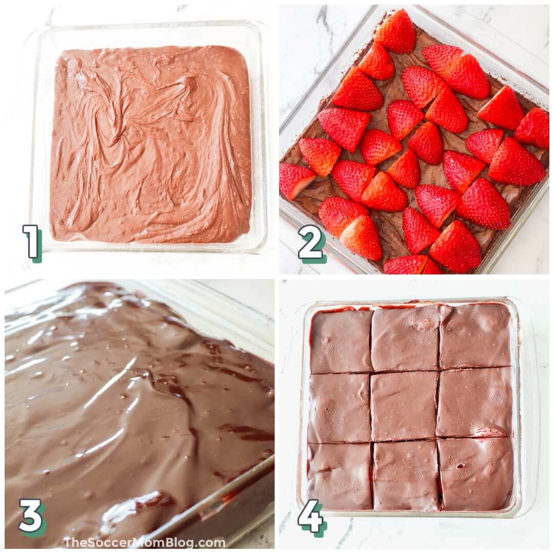 4 step photo collage showing how to make chocolate strawberry brownies.