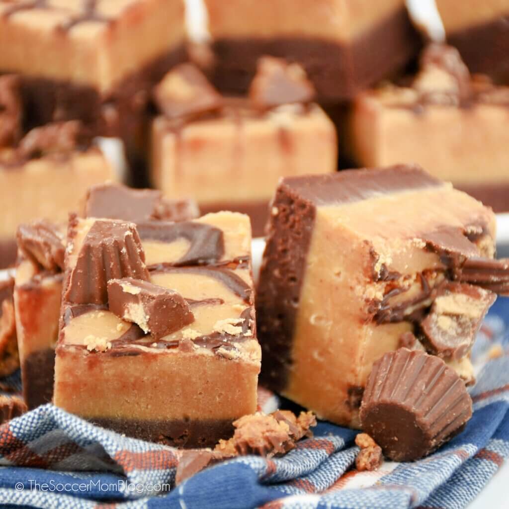 Close up of of Reese's fudge squares on cloth napkin