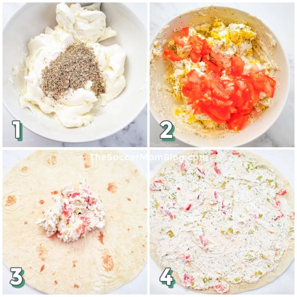 step by step photo collage showing how to make Italian spread for wraps