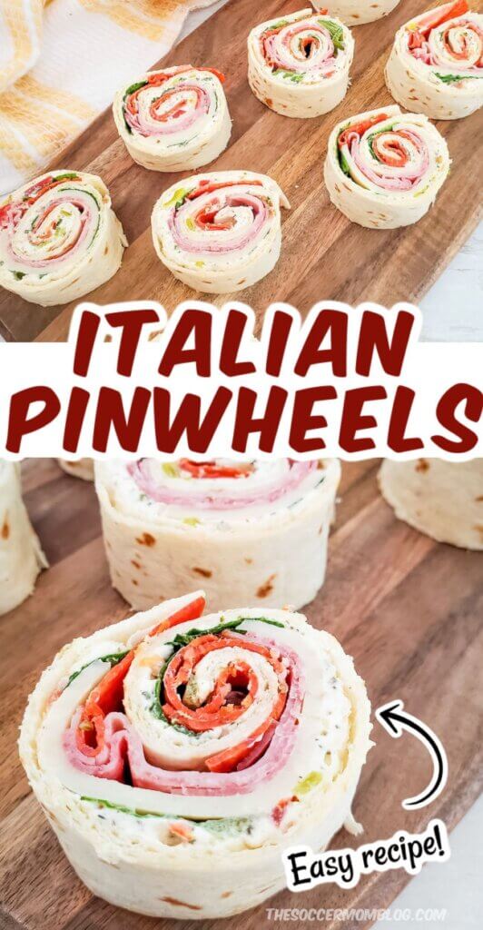 2 photo collage of Italian pinwheel sandwiches