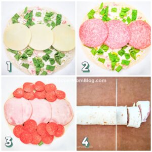 4 photo collage showing how to layer meat on a tortilla