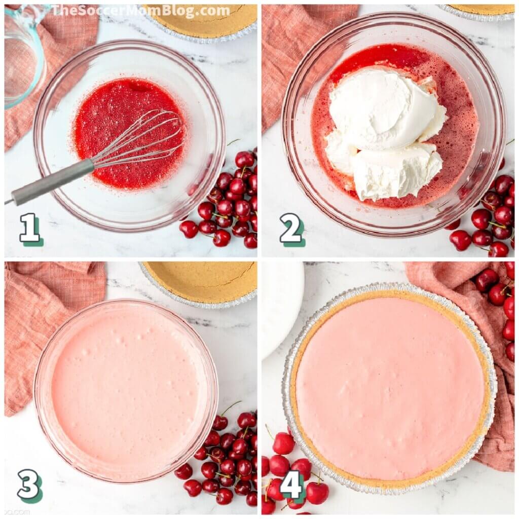 4 step photo collage showing how to make a pie with cool whip and jello