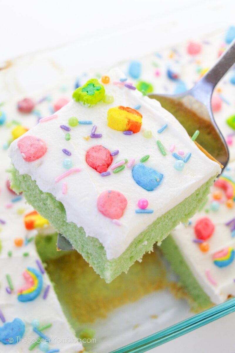 slice of Lucky Charms cake on a serving spatula