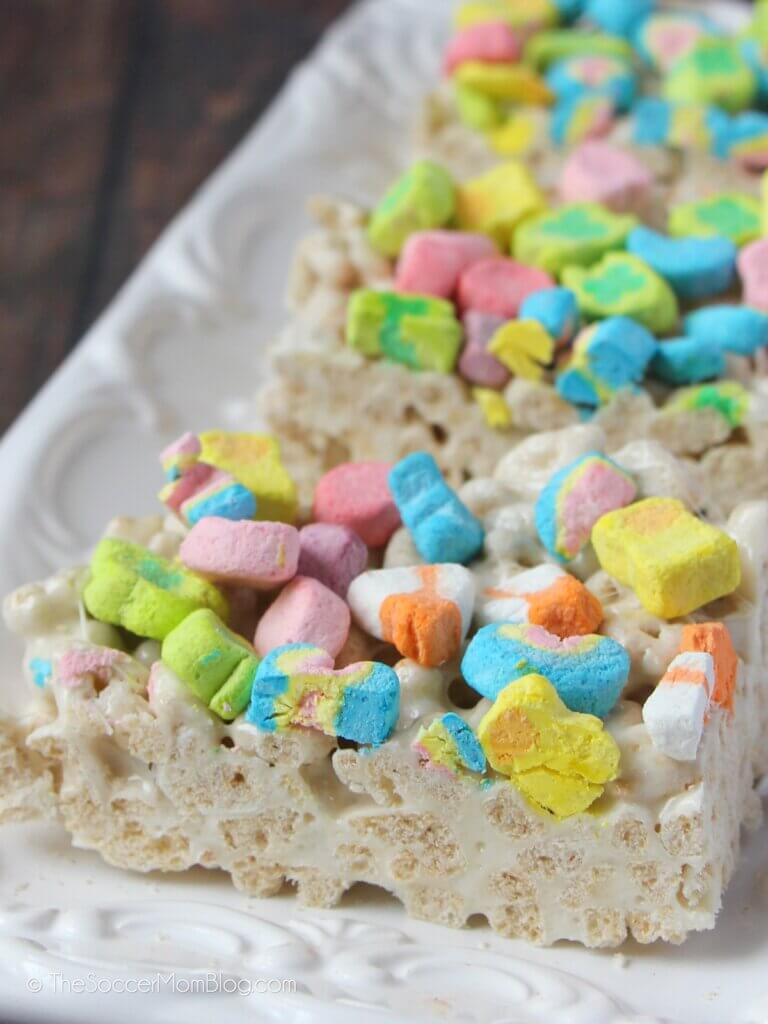 close up of marshmallow treat bars made with Lucky Charms