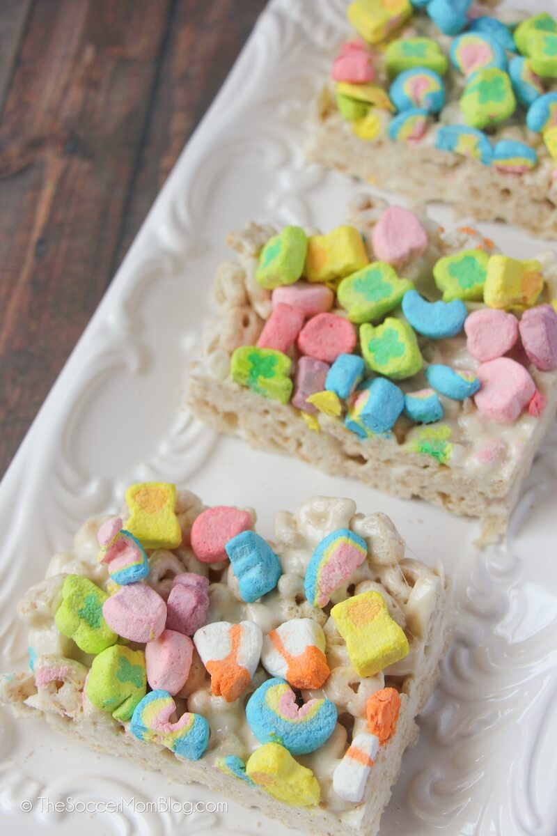 top down shot of Lucky Charms cereal bars on a long white plate