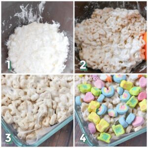 step by step photo collage (4 photos) showing how to make treat bars with Lucky Charms cereal