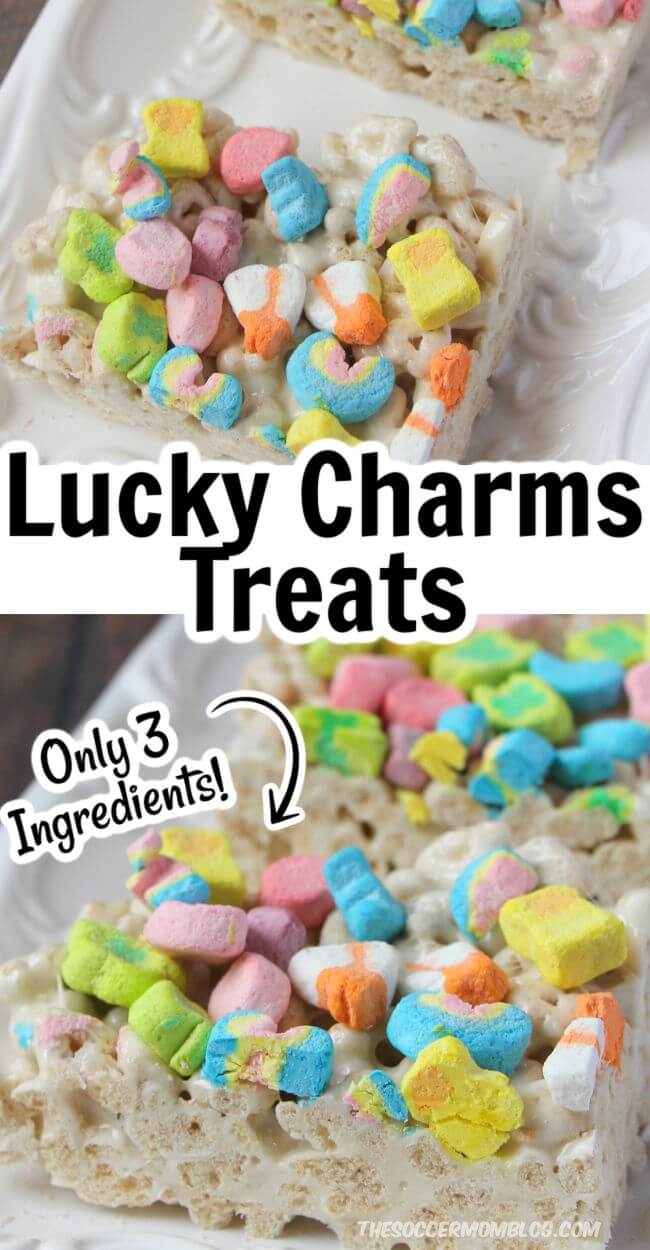 2 image vertical collage of marshmallow treat bars made with Lucky Charms cereal