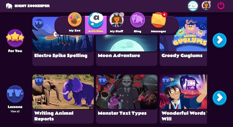 screenshot of games available on Night Zookeeper platform