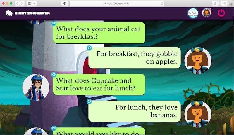screenshot from Night Zookeeper online writing platform for kids, writing prompts