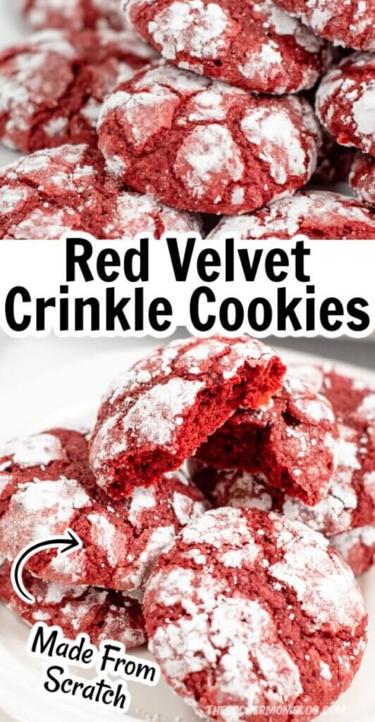 2 photo vertical collage of red colored cookies coated in powdered sugar; text overlay "Red Velvet Crinkle Cookies"