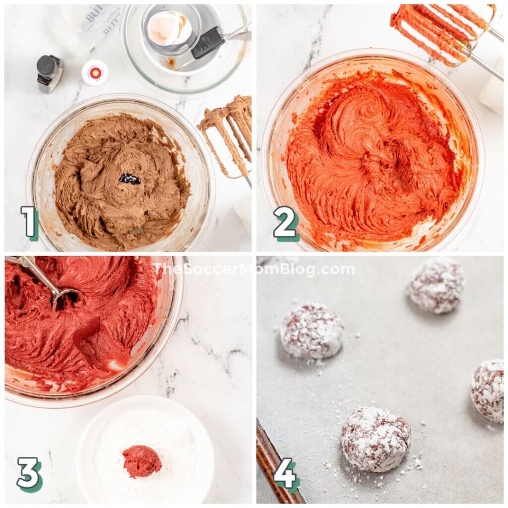 4 step photo collage showing how to make red velvet cookie batter and coat in powdered sugar