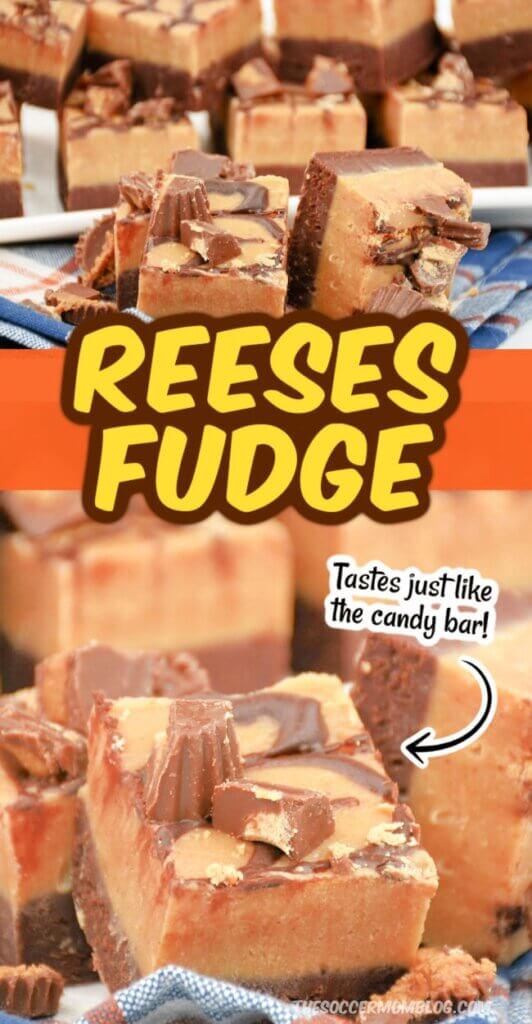 2-photo collage of chocolate peanut butter fudge; text overlay "Reese's Fudge"