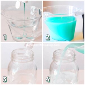 step by step photo collage showing how to fill a jar with oil and paint water mixture