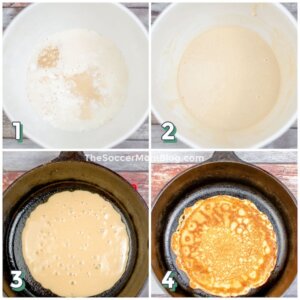 4 step photo collage showing how to cook sourdough pancakes