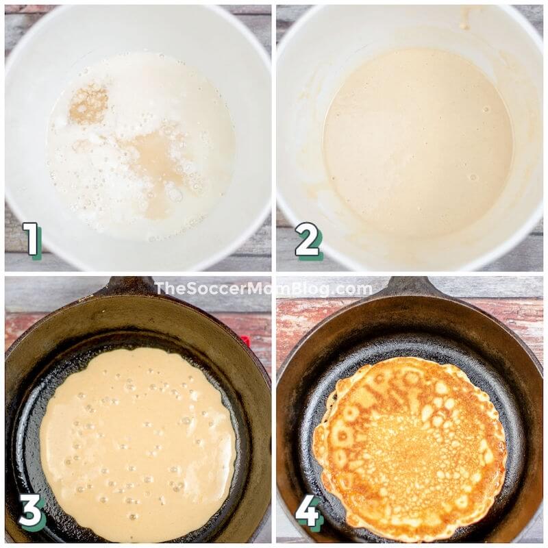 step by step photo collage showing how to make sourdough pancake batter and cook pancakes