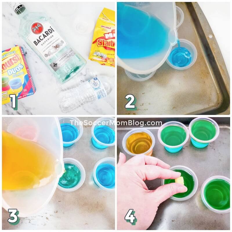 4 step photo collage showing how to make two color Starburst jello shots
