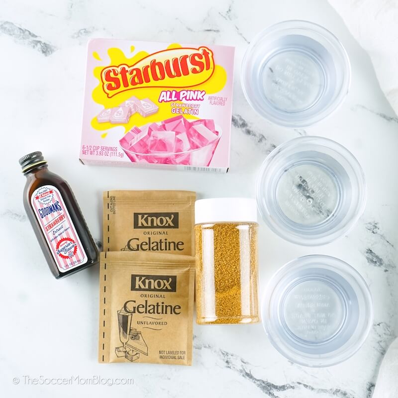 Starburst Jello Shots ingredients - pink Starburst jello box, unflavored gelatin