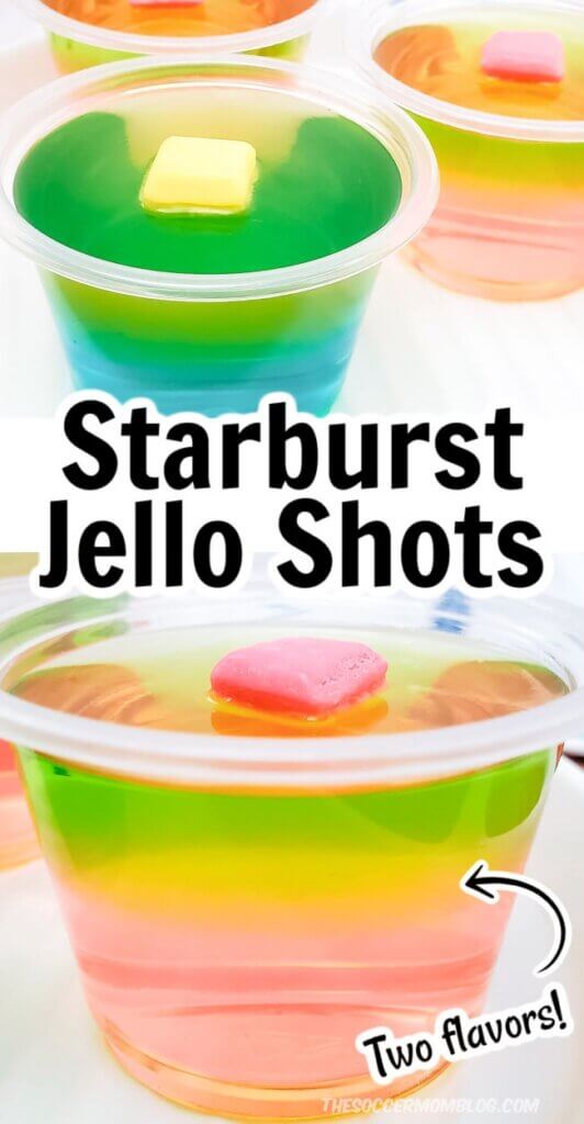 2 photo collage showing layered jello shots made with Starburst candy