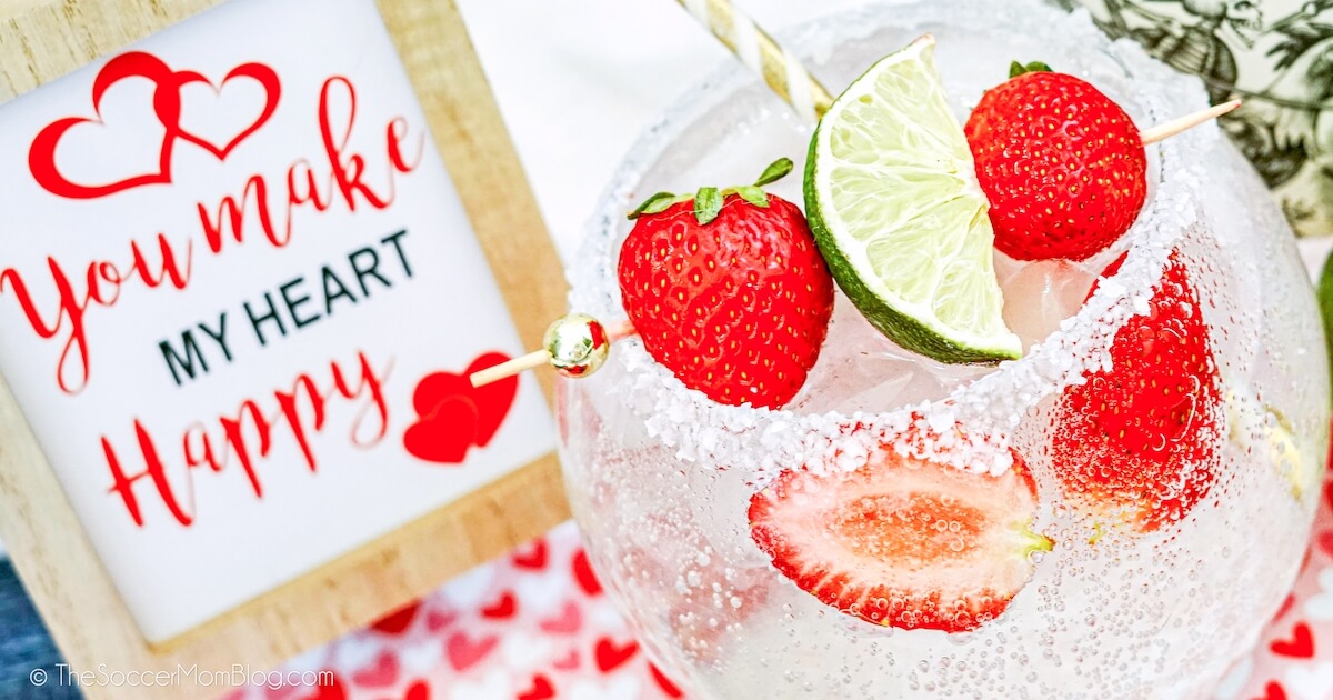 Valentine's Day sign with strawberry ranch water cocktail