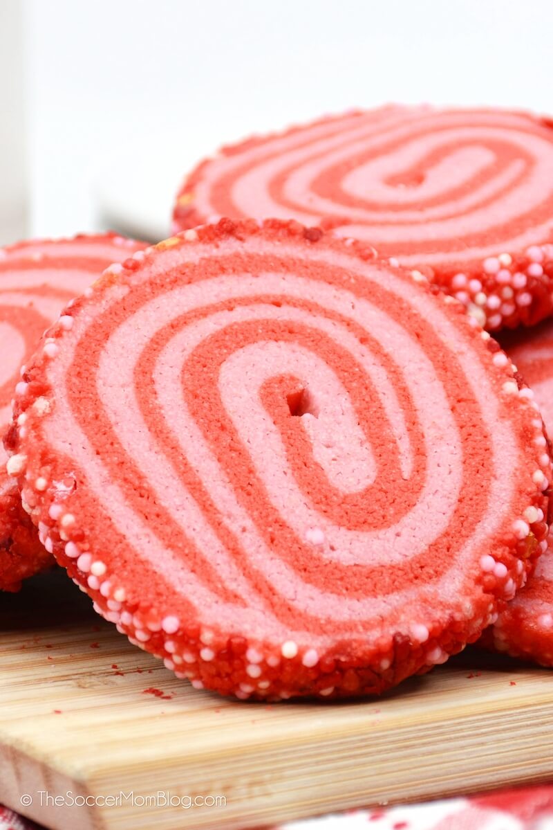 Red and pink Valentine swirl cookie, close up