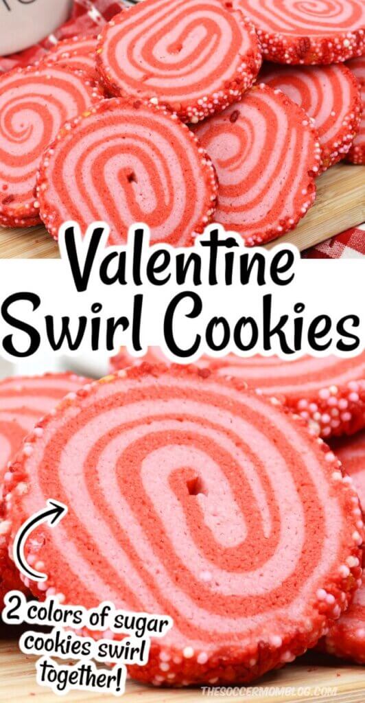 2 photo collage of red and pink swirled Valentine Pinwheel Cookies