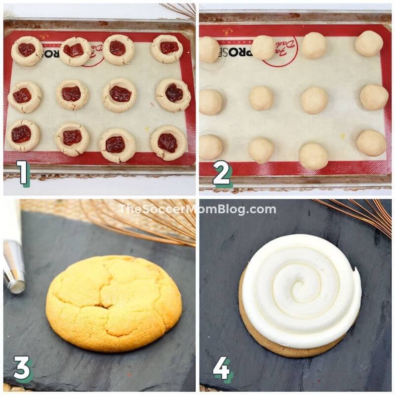  step by step photo collage showing how to make strawberry filled cookies